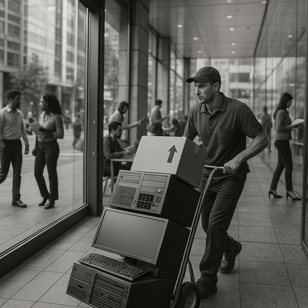 A dynamic image of IT equipment being delivered to a modern office building, with less vibrant color A dynamic image of IT equipment being delivered to a modern office building, with less vibrant color