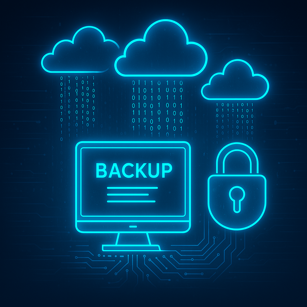 A futuristic computer backup with glowing blue data streams, digital clouds, and a secure lock symbo A futuristic computer backup with glowing blue data streams, digital clouds, and a secure lock symbo